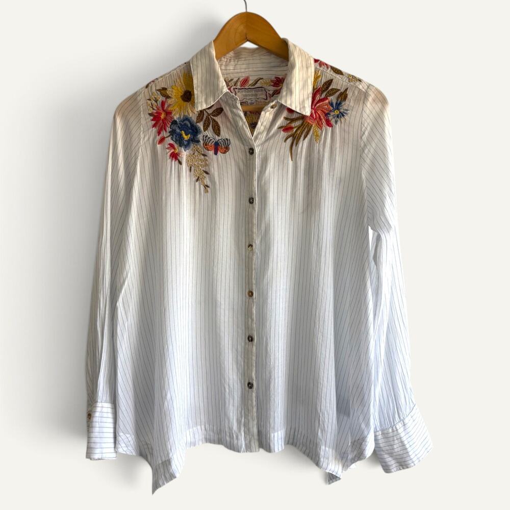 Johnny Was Workshop Striped Embroidered Button Down Floral Womens XS